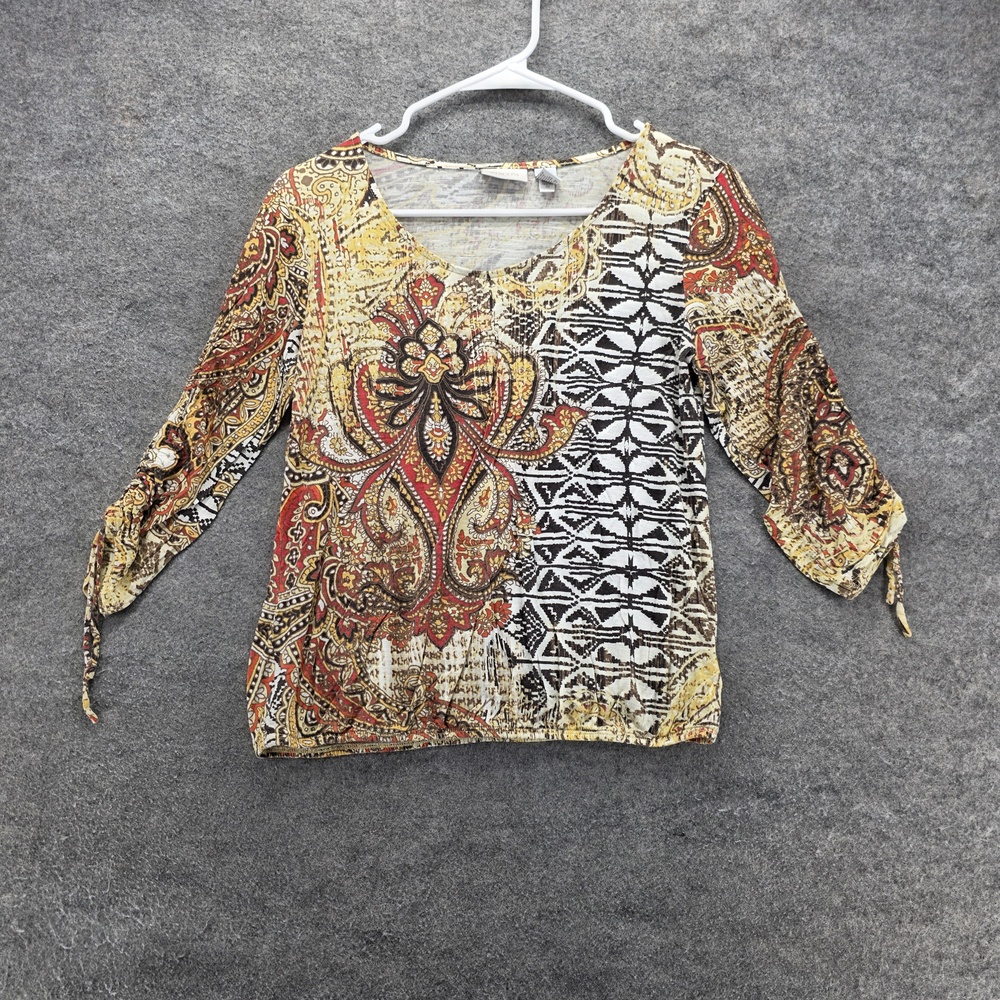 Chicos Shirt Womens Small Multicolor Paisley Boho Stretch 3/4 Sleeve Rayon Top